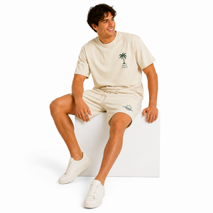 Ensemble deux pièces d'été pour homme en coton, imprimé palmiers, décontracté, col rond, tricoté, respirant, manches courtes, sérigraphié - Product Image 4