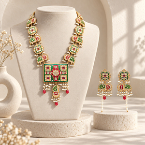<b>Gold</b> Plated Red Green Meenakari Kundan Style Necklace and Earrings <b>Set</b> with Faux Pearls Bridal Jewelry Wholesale Bulk Supply - Product Image 4