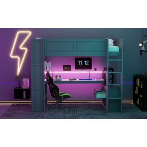 Cama alta de madera gris oscuro tamaño twin para juegos con estación de carga LED y estantes de almacenamiento múltiple. Llegada estimada 2.1 - Product Image 5