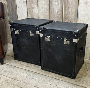 Black Leather Wooden <b>Storage</b> Trunk Set Antique <b>Chest</b> Box with Silver Locks Metal Studs Rustic Furniture Cabinet - Product Image 1