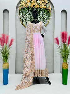 <b>Beautiful</b> Traditional pink Indian Style GEORGETTE Anarkali Long Gown Designer Dupatta Women Diwali Party Wear - Product Image 3