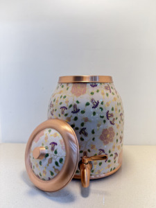 Distributeur d'eau en cuivre pur de luxe, blanc, imprimé floral, 8L, motif fleur pastel, Matka, étanche, en métal, avec robinet - Product Image 4