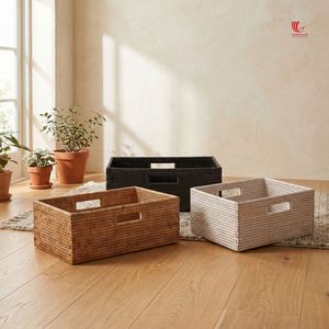 Viettimecraft Natural Rattan <b>Storage</b> <b>Baskets</b> <b>Rectangle</b> With Handles For Clothing Organization Nordic Style - Product Image 2