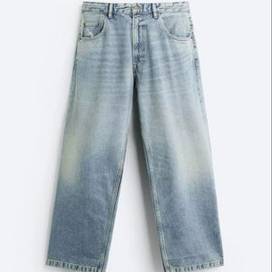 <b>Men's</b> Vintage High Waist Wide Leg <b>Jeans</b> Stonewashed Light Blue Denim Loose Fit Pants - Product Image 1