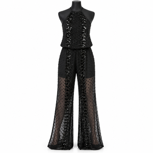 Glamuroso Mono con Cuello Halter, Adornos de Lentejuelas Negras y Paneles Transparentes de Pierna Ancha |   Conjunto de Fiesta sin Mangas para la Noche - Product Image 1