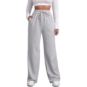 Women's High Waist Wide Leg Pants Solid Color Loose Fit Casual Full Length Sweatpants With Pockets <b>Elastic</b> Waist Autumn Style - Product Image 6