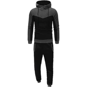Survêtement pour homme noir et gris à blocs de couleur, à capuche, manches longues, coupe décontractée, en polyester et coton, pour l'automne, avec poches latérales - Product Image 2