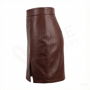 Falda Recta de Cuero Genuino de Cintura Alta para Mujer, Color Marrón Sólido, Estilo Oficina, Largo hasta la Rodilla, con Abertura Lateral - Product Image 3