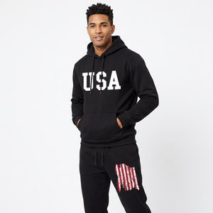 Unisex USA Printed Solid Fleece <b>Hoodie</b> and Pants Tracksuit Set Black Cotton Casual Autumn Wear Full Sleeve Drawstring Joggers - Product Image 3
