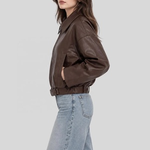 New Arrival Custom Brown Leather <b>Jacket</b> For <b>Women</b> <b>Zip</b> <b>Up</b> Collar Waist Belted Long Sleeve Outerwear Casual <b>Women</b> Crop <b>Jacket</b> - Product Image 3