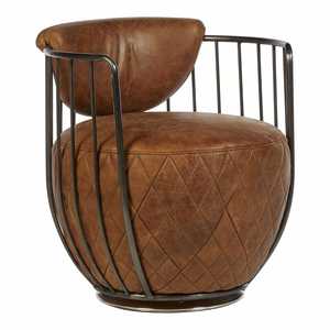 Fauteuil club vintage en cuir matelassé marron avec structure métallique, dossier arrondi, siège rembourré, fauteuil d'appoint moderne de style industriel - Product Image 3