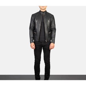 Chaqueta de cuero genuino para hombre, estilo motociclista, color negro, corte ajustado, cuello alto, cierre de cremallera, longitud regular, disponible para la venta, servicio OEM. - Product Image 1