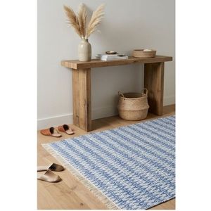 Alfombra de Algodón Tejida a Mano con Diseño de Rayas Texturizadas en Azul y Blanco, con Flecos, para Sala de Estar, Dormitorio, Decoración de Piso, OEM - Product Image 3