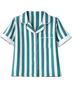 Conjunto de pijama para mujer a rayas azul verdoso y blanco, de manga corta, con botones, de satén, de dos piezas, para dormir y descansar. - Product Image 2