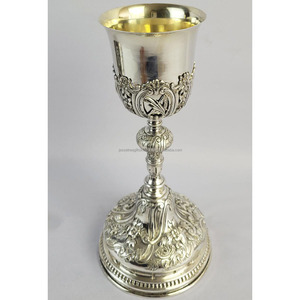 Calice religieux en laiton plaqué argent, forme ronde, motif floral en relief, excellente qualité, pour la consommation, cadeau de mariage - Product Image 2