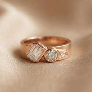 Bague de fiançailles moderne en or rose 14 carats avec émeraude de 0,75 carat et diamant rond de 0,50 carat, cultivés en laboratoire, pour mariage, fête ou occasion spéciale, cadeau pour elle - Product Image 1