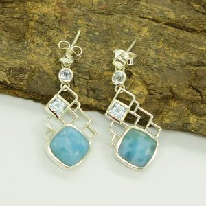 Boucles d'oreilles pendantes classiques de haute qualité en argent sterling 925 avec topaze bleue et larimar taille coussin, multi-pierres, pour femmes, cadeaux de fête - Product Image 3