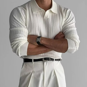Polo en tricot à manches longues blanc pour homme, couleur unie, design élégant et décontracté, respirant - Product Image 1