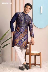 Vêtements de cérémonie en soie haut de gamme avec motifs tissés d'éléphants et de fleurs, et ensemble kurta et pyjama pour homme à manches longues – Vente en gros - Product Image 3