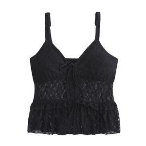 Débardeur en dentelle pour femmes Bretelles spaghetti Cami Col en V Ourlet à volants Top décontracté léger d'été - Product Image 3