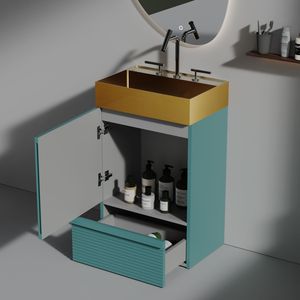 Mobile bagno Gada 20 pollici a righe acquamarina con lavabo integrato in acciaio inossidabile 304 spazzolato oro, autoportante per bagni - Product Image 2