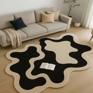 Alfombra Irregular Hecha a Mano, Alfombra Moderna Abstracta de Lana Negra y Marfil, Alfombra de Diseño de Mediados de Siglo para Decoración de Sala de Estar - Product Image 6