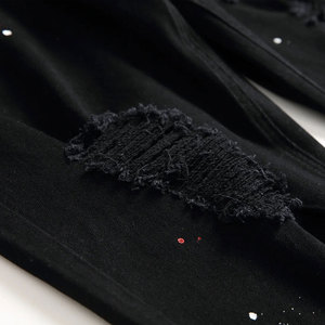 Jean déchiré noir pour homme, coupe slim, effet éclaboussures de peinture, pantalon en denim, streetwear, mode décontractée, design personnalisé - Product Image 6