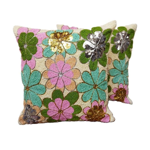 Modern Style Floral Design Cotton Beaded Embroidery Square Zipper Closure Pillow <b>Cover</b> Home Hand Embroidered Seed Beads - Product Image 1