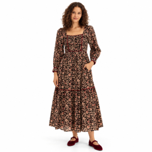 <b>Womens</b> Black Floral Print Henley Neck Tiered Midi <b>Dress</b> with Smocked Back Three Quarter Sleeves Pockets Organic Cotton Woven - Product Image 1