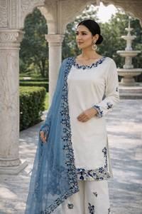 White Blue Traditional Indian Pakistani <b>Women</b> <b>Kurta</b> Set With Dupatta Loose Fit Ethnic Outfit All Seasons - Product Image 6