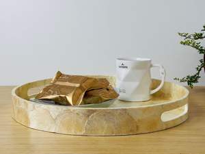 Plateau de service rond en osier naturel, durable, classique, pliable, fait main, décoratif, avec poignées, pour le salon - Product Image 5