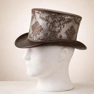 หมวกทรงสูงหนังสีน้ำตาลคุณภาพพรีเมียม งานแฮนด์เมด สำหรับทั้งชายและหญิง พร้อมแถบลายดามัสก์ สไตล์สตีมพังก์ วิคตอเรียน เหมาะสำหรับเป็นของขวัญ - Product Image 2