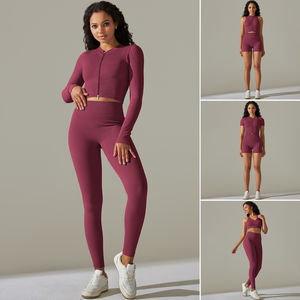 Ensemble de vêtements de sport de luxe pour femmes, 5 pièces, vente en gros : soutien-gorge de sport à dos croisé + veste de sport + short de sport + leggings de yoga - Product Image 1