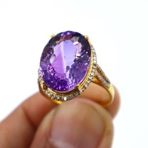 Bague en argent sterling 925 plaqué or avec améthyste violette naturelle et diamant, bijou cadeau pour femme - Product Image 1