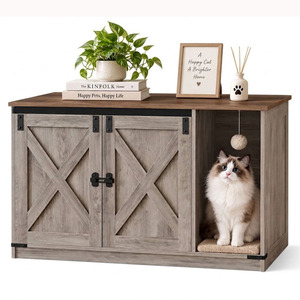 Meuble pour animaux de compagnie en bois, armoire-niche pour chat avec portes et compartiment ouvert pour chats d'intérieur, unité de rangement multifonctionnelle, style classique - Product Image 1