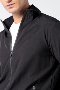 Survêtement noir pour homme avec fermeture éclair intégrale et bandes blanches, design sportif, polyester respirant, coupe classique, idéal pour le printemps - Product Image 5
