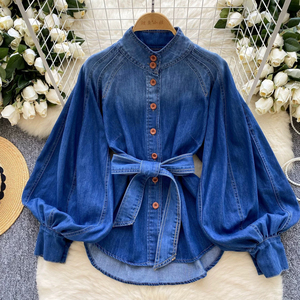 Camisa Casual de Mezclilla para Mujer, Estilo Vintage, Transpirable, de Secado Rápido, de Alta Calidad, con Cuello Alto, Manga Farol y Cintura Ajustada, para Verano - Product Image 4
