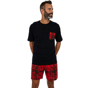 Men's Black Pocket <b>Knitted</b> Plain Dyed T-Shirt <b>Set</b> Red Shorts 100% Cotton Casual Summer Wear - Product Image 1