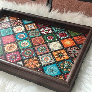 Bandeja de Servir de Madera MDF REHMAN CRAFT, Diseño Floral Multicolor, Marco de Madera Oscura, Bandeja Decorativa Rectangular, Organización y Almacenamiento - Product Image 5