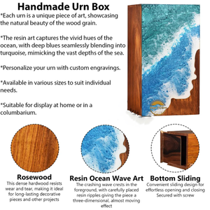 Ocean Inspired Resin & Natural Wood Cremation Urn Handmade Blue Wave Funeral Ashes <b>Box</b> by AYAANS - Product Image 2