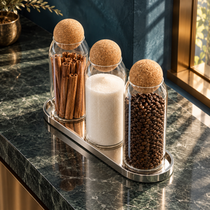 Glass Storage <b>Canister</b> <b>Set</b> with Natural Cork Stopper Lids and Silver Tone Tray | Contemporary Kitchen Spice and Pantry Organizer - Product Image 3