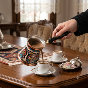 Cafetera Turca Cezve de Cobre Pintada a Mano con Esmalte Colorido, Decorativa con Diseño Floral Griego Briki, con Mango de Madera Resistente al Calor - Product Image 3