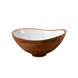 Tazón de madera con borde ondulado asimétrico y revestimiento de esmalte – Tazón para ensalada con base de madera de mango y recubrimiento de resina blanca brillante - Product Image 1