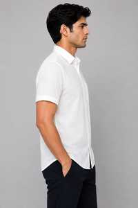 Chemise boutonnée à manches courtes en lin blanc pour homme, tenue décontractée d'été avec poche poitrine, motif uni, 140g - Product Image 2