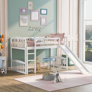 White Twin Size Loft <b>Bed</b> <b>with</b> <b>Slide</b> and Ladder for Kids - Product Image 2