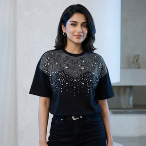 T-shirt ample personnalisé Glory avec strass, 100% coton, tissu doux et respirant, nouveau style tendance pour unisexe, streetwear. - Product Image 3