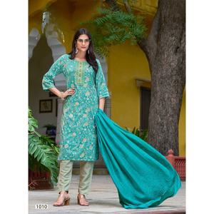 PANTALÓN TOP DE TRABAJO BORDADO Y ESTAMPADO EN SEDA ATRACTIVA CON DUPATTA SKY - Product Image 1