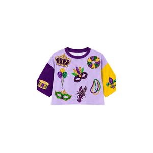 Women's <b>Black</b> <b>Sequin</b> Mardi Gras Y'all T-Shirt Short Sleeve Crop <b>Top</b> With Truck And Fleur De Lis Design - Product Image 3