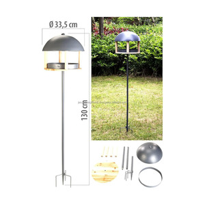 Comedero decorativo para pájaros de metal y madera con revestimiento de polvo gris y acabado pulido de madera natural forma redonda para accesorios de jardín - Product Image 4