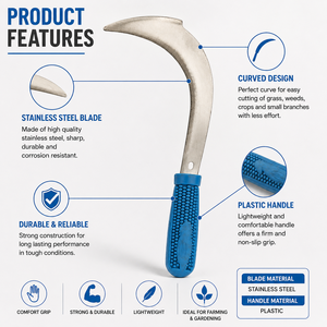 Sépette agricole à lame courbée en acier inoxydable avec manche en plastique de qualité supérieure pour la récolte de l'herbe, des mauvaises herbes et des cultures - Product Image 3